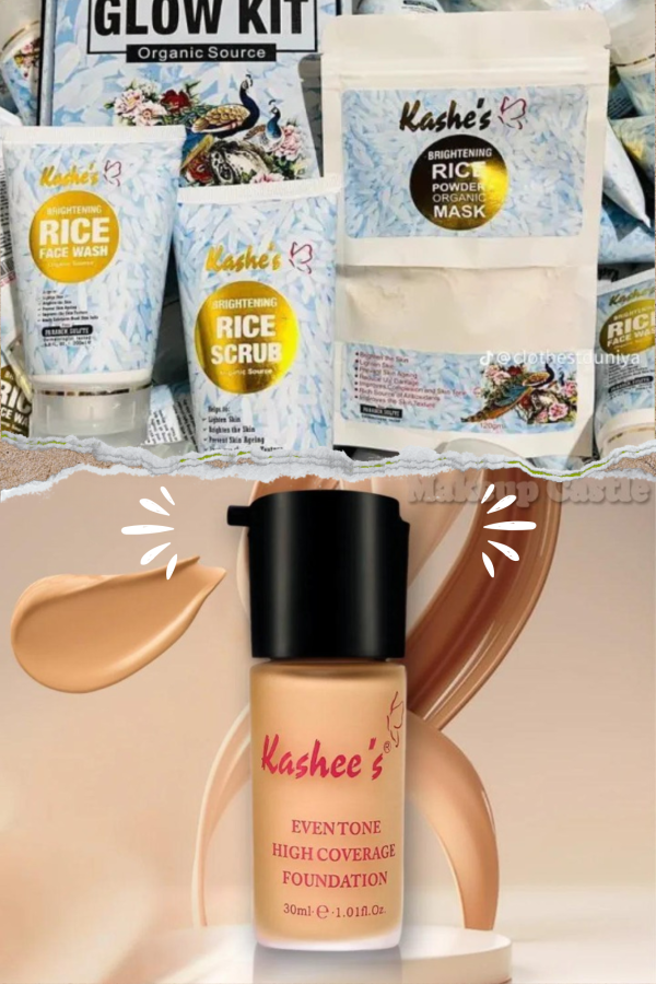 Kashe’s Rice Extract Bright +kashees Foundation & Glow Kit ( Rice Face Wash + Rice Scrub + Rice Mask +kashees Foundation )(pack Of 4 )