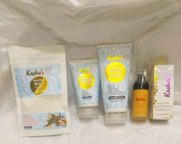 Kashe’s Rice Extract Bright +kashees Foundation & Glow Kit ( Rice Face Wash + Rice Scrub + Rice Mask +kashees Foundation )(pack Of 4 )